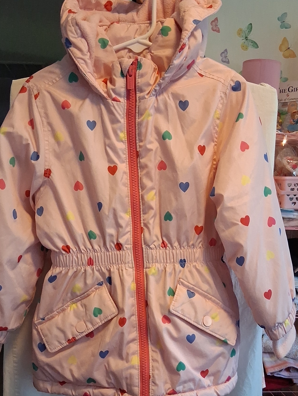 Old Navy Pink Hooded Raincoat with Multicolor Heart Print